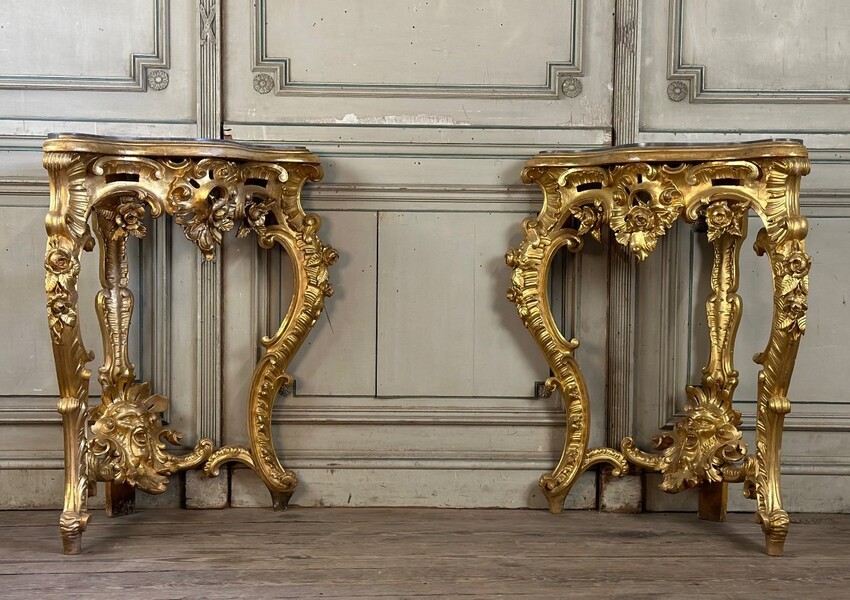 pair of baroque style gilded carved wood consoles, Italy circa 1880 - blue turquin marble shelves