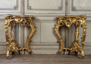 pair of baroque style gilded carved wood consoles, Italy circa 1880 - blue turquin marble shelves