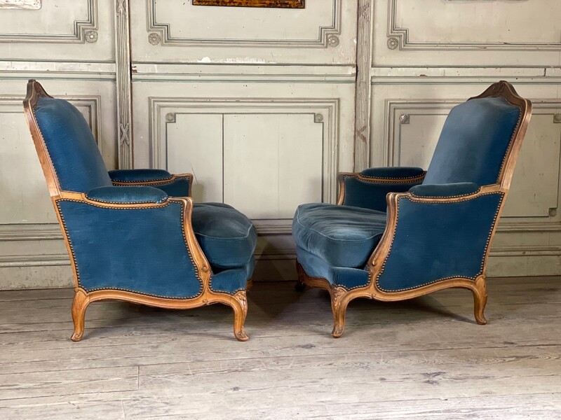 Pair Of Bergères In Molded Natural Wood Louis XV Style