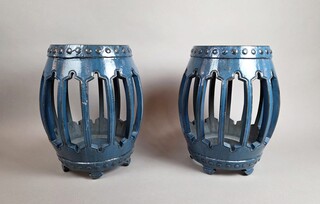 Pair of blue lacquered wood stools, China late 19th early 20th