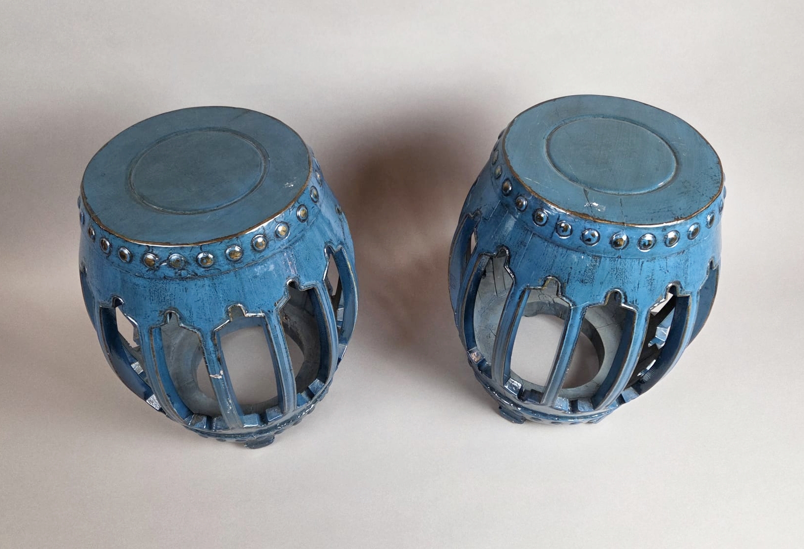 Pair of blue lacquered wood stools, China late 19th early 20th