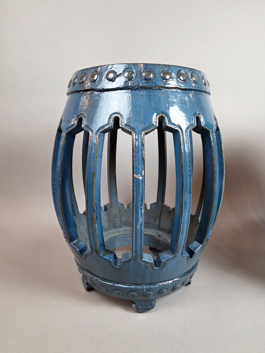 Pair of blue lacquered wood stools, China late 19th early 20th