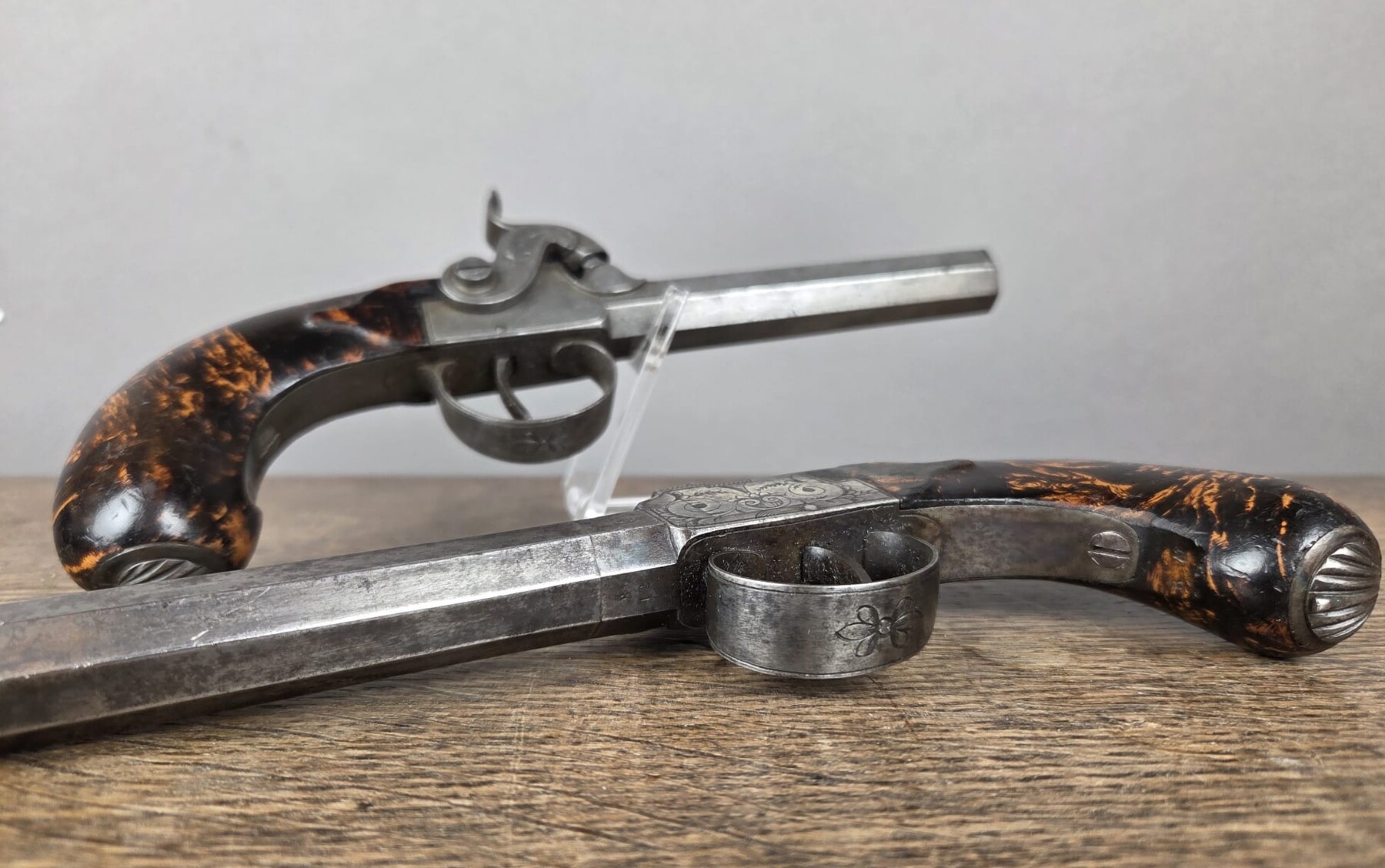 Pair of box pistols, Liège circa 1840, side hammer, walnut stock with 