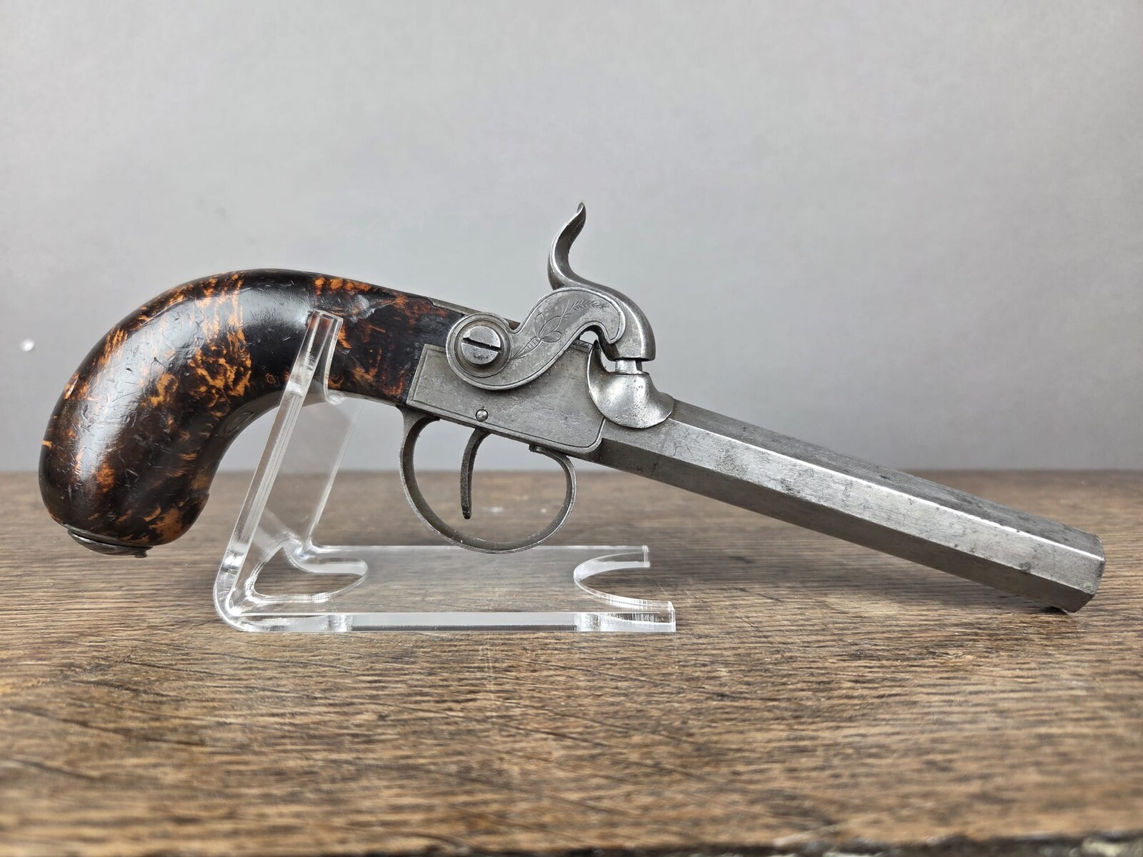 Pair of box pistols, Liège circa 1840, side hammer, walnut stock with 