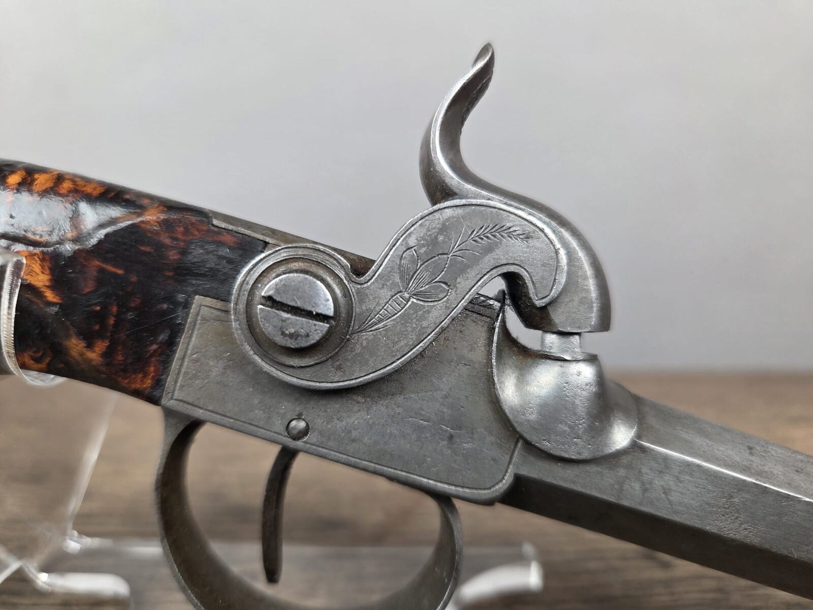 Pair of box pistols, Liège circa 1840, side hammer, walnut stock with 