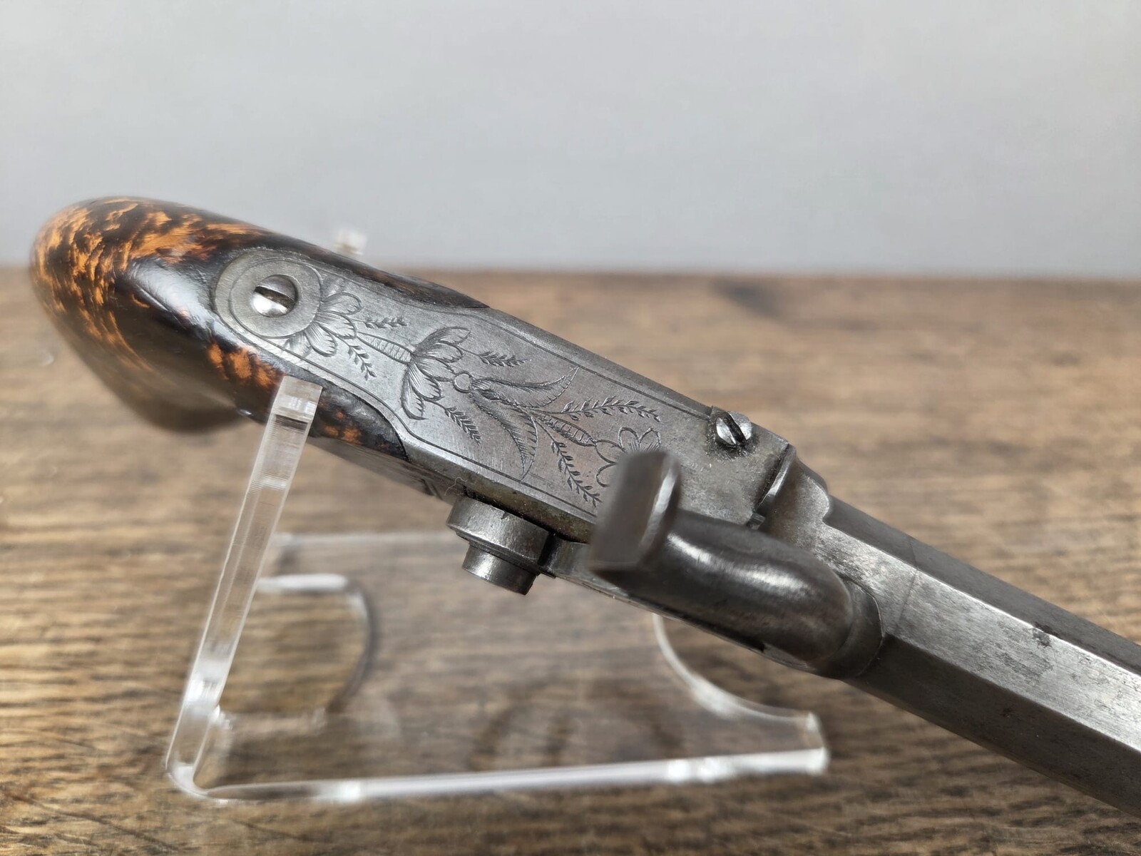 Pair of box pistols, Liège circa 1840, side hammer, walnut stock with 