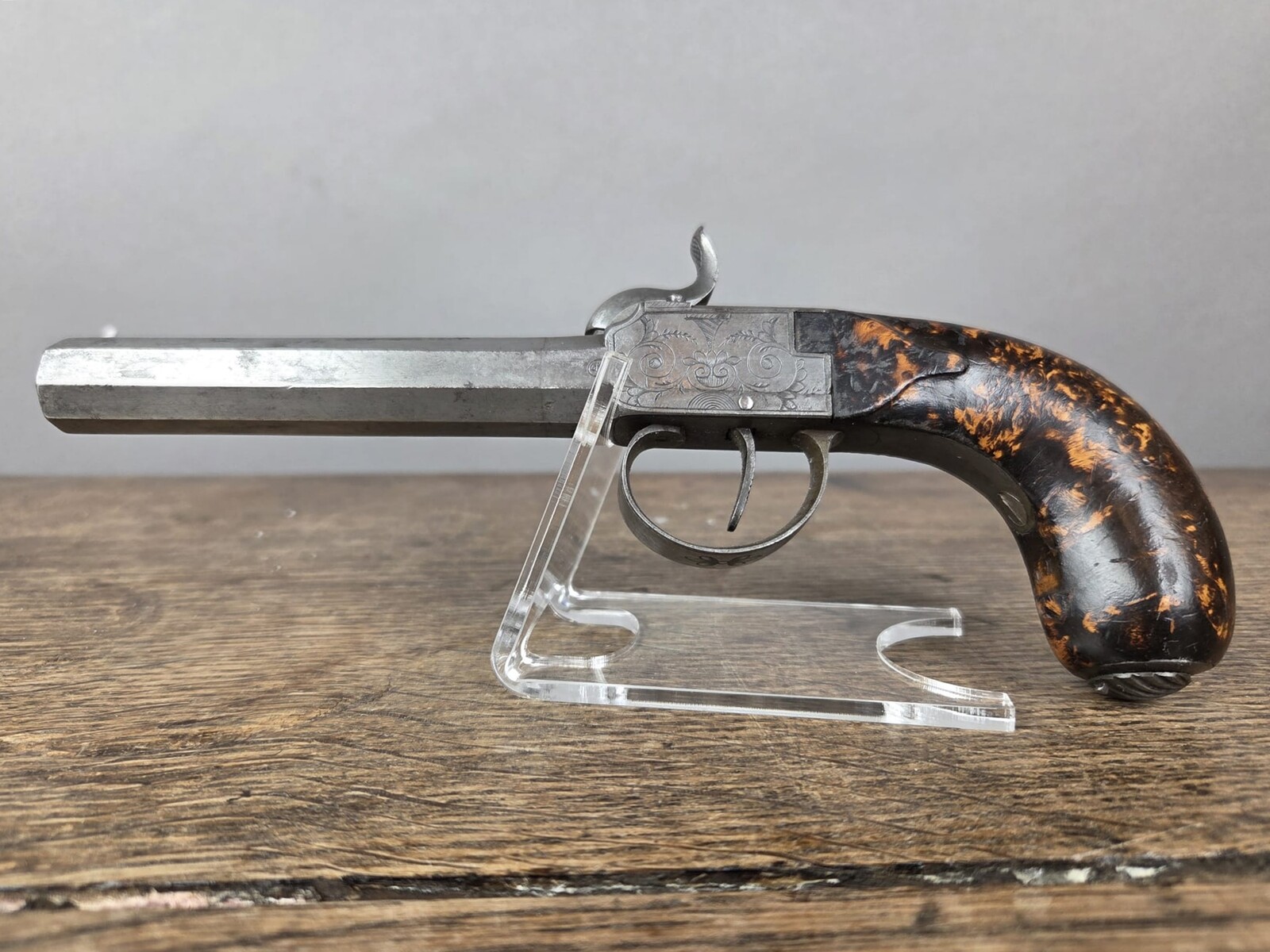 Pair of box pistols, Liège circa 1840, side hammer, walnut stock with 