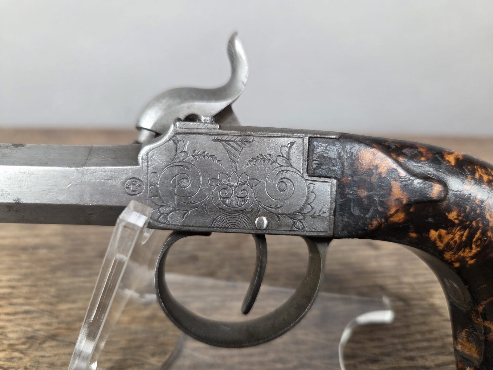 Pair of box pistols, Liège circa 1840, side hammer, walnut stock with 