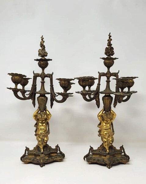 Pair of bronze candlesticks - 19th century - 2 patinas
