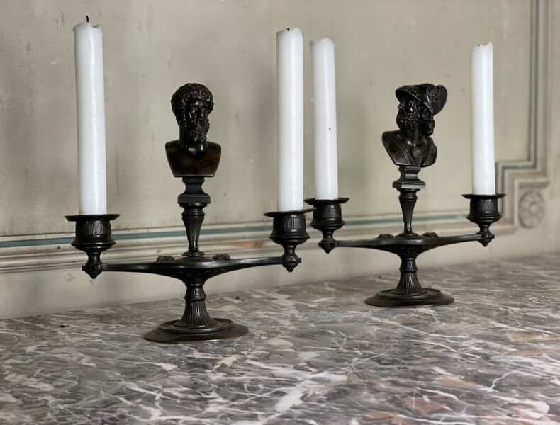 Pair Of Bronze Candlesticks With Black Patina In The Taste Of The Antique