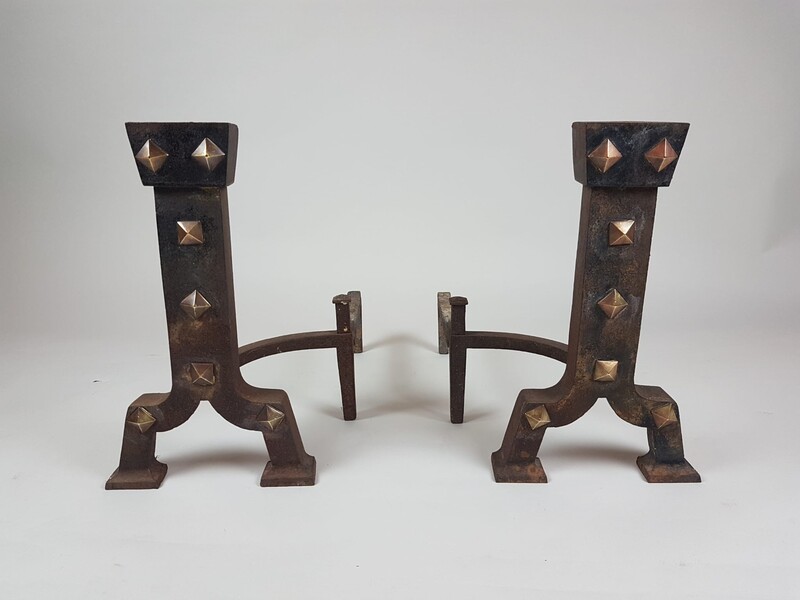 Pair of brutalist wrought iron andirons