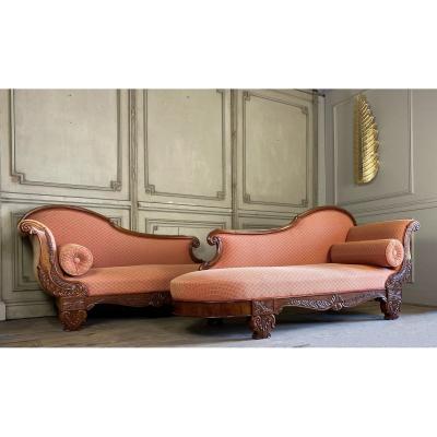 Pair Of Carved And Veneered Mahogany Daybeds, 19th Century