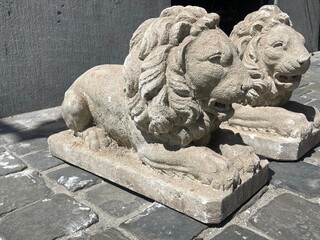 Pair of carved soft stone lions, 20th century