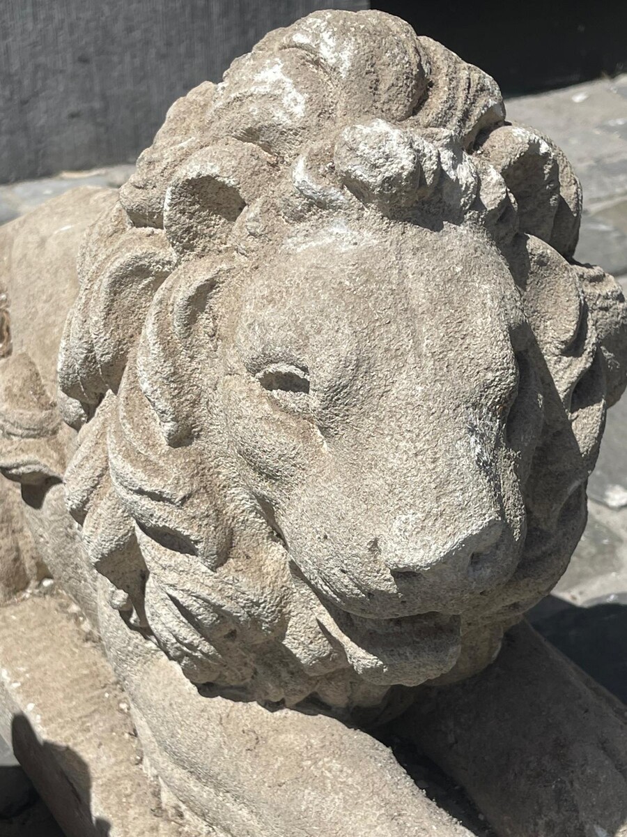 Pair of carved soft stone lions, 20th century