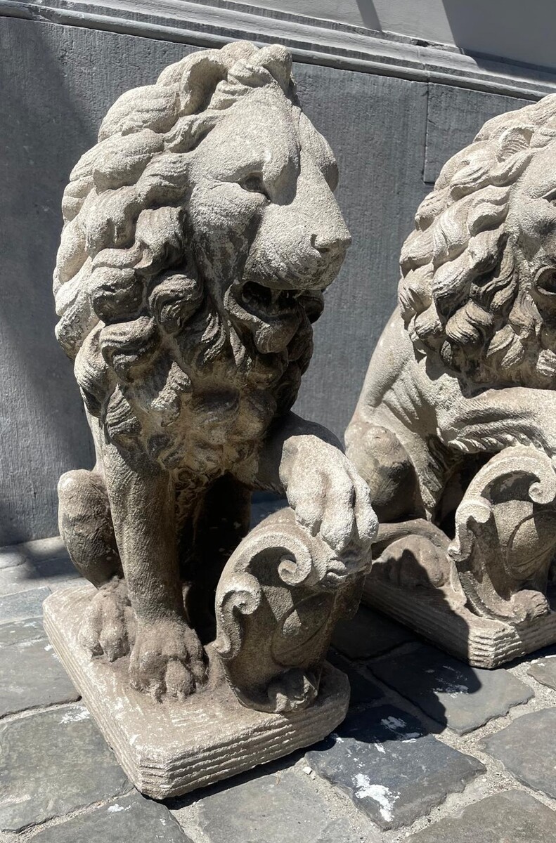 Pair of carved soft stone lions, early 20th century
