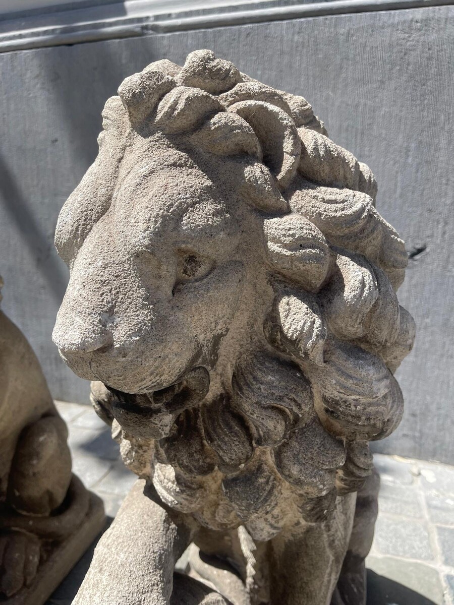 Pair of carved soft stone lions, early 20th century