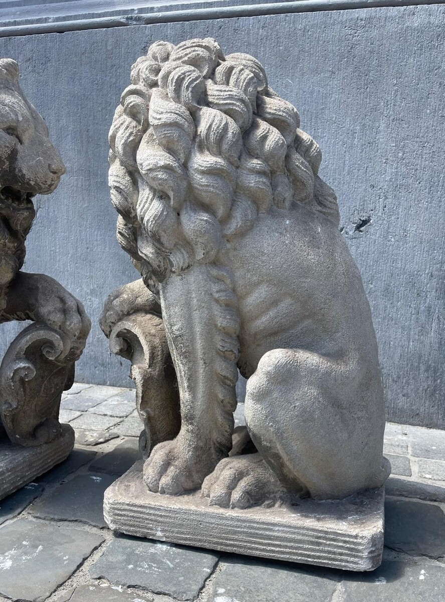 Pair of carved soft stone lions, early 20th century