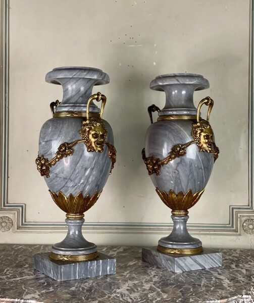 Pair Of Cassolettes In Blue Turquin Marble And Gilt Bronze Louis XVI Style