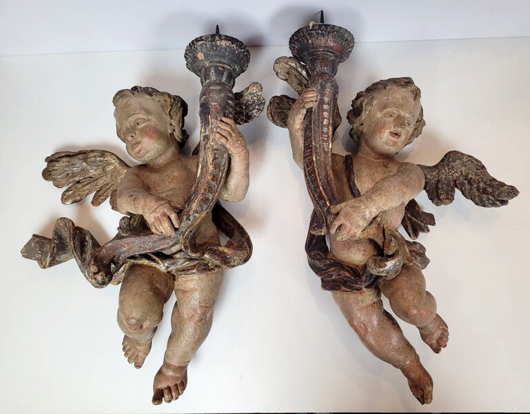 Pair of cherubs in polychrome wood - 18th century