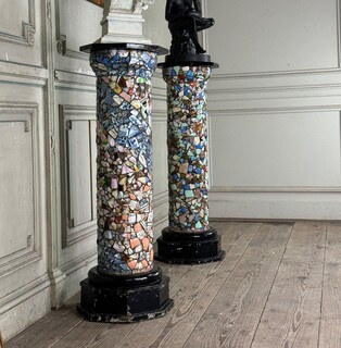 Pair of columns decorated with fragments of earthenware and porcelain, folk art circa 1900