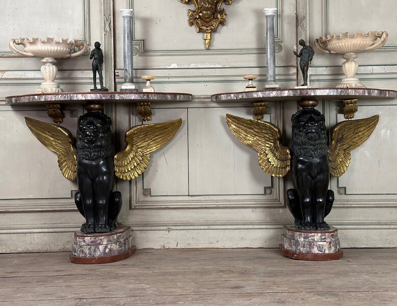 Pair Of Consoles In Marble And Bronze Italy Circa 1930