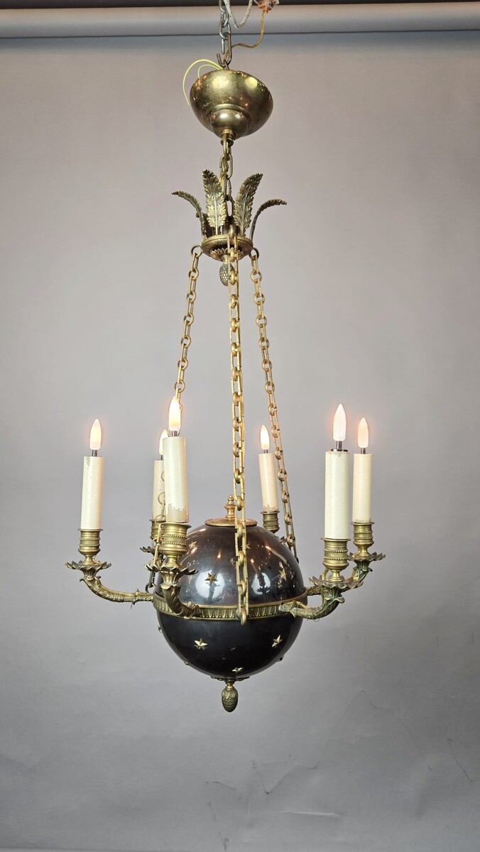 Pair of Empire chandeliers in sheet metal, bronze and brass, 19th