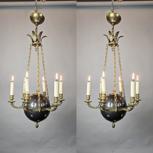 Pair of Empire chandeliers in sheet metal, bronze and brass, 19th