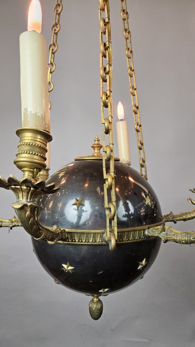 Pair of Empire chandeliers in sheet metal, bronze and brass, 19th