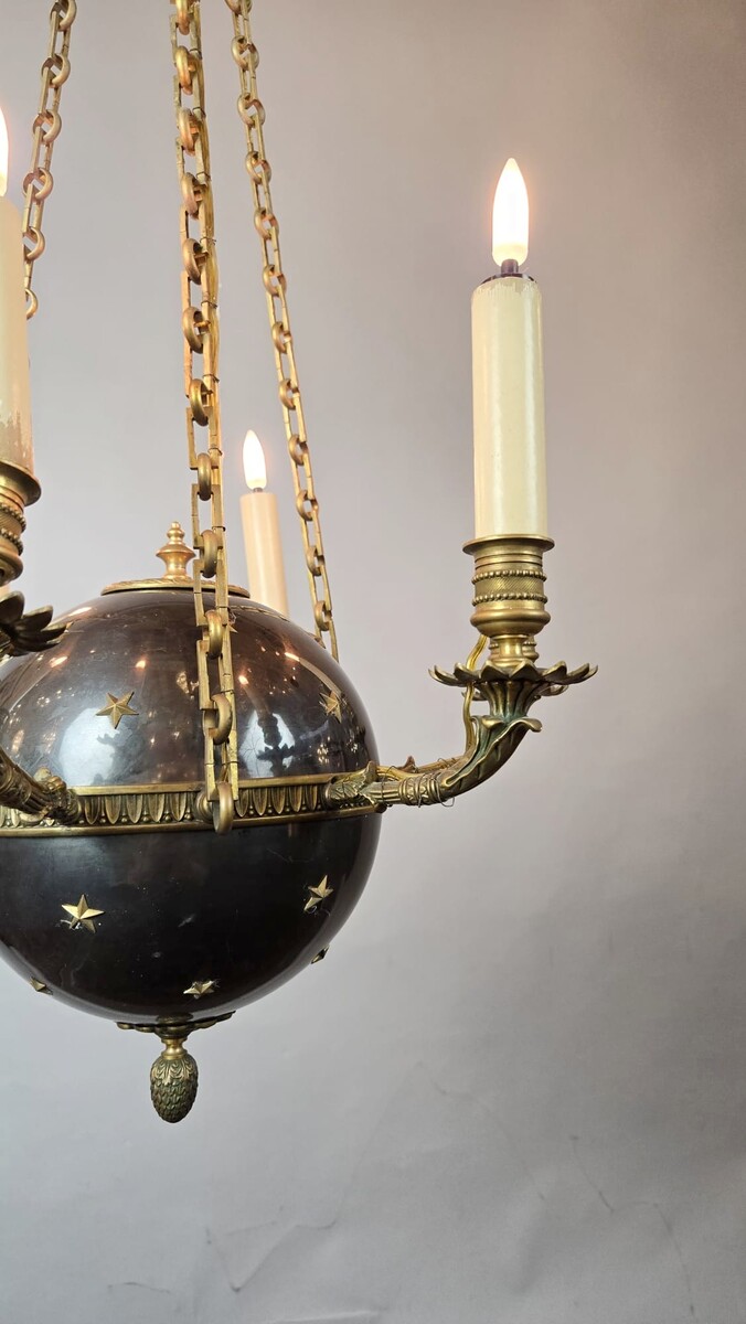 Pair of Empire chandeliers in sheet metal, bronze and brass, 19th