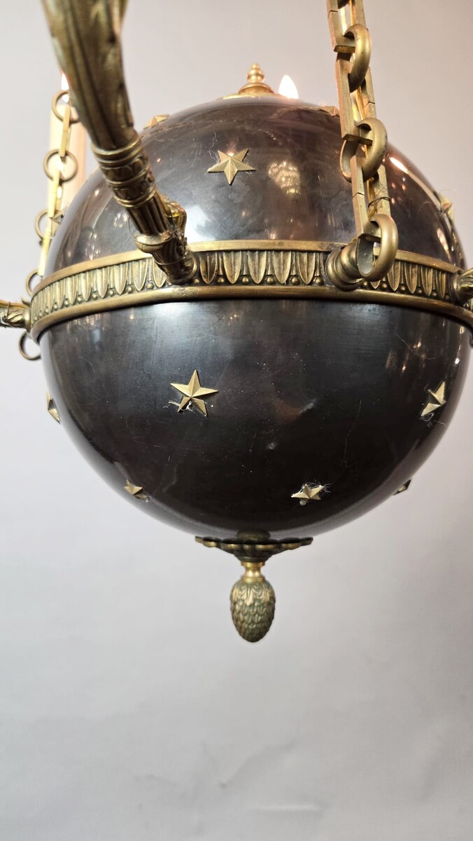 Pair of Empire chandeliers in sheet metal, bronze and brass, 19th