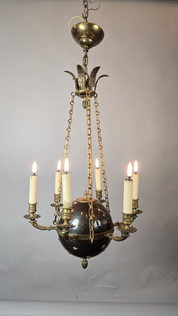 Pair of Empire chandeliers in sheet metal, bronze and brass, 19th