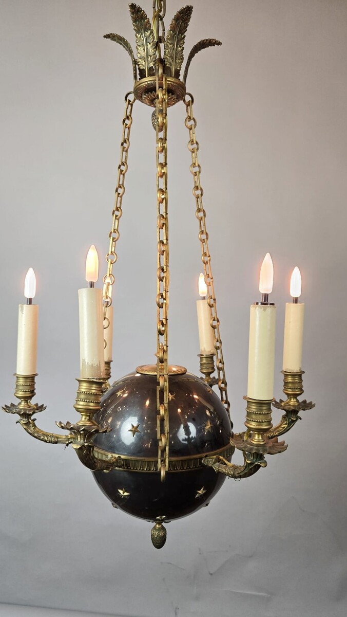 Pair of Empire chandeliers in sheet metal, bronze and brass, 19th