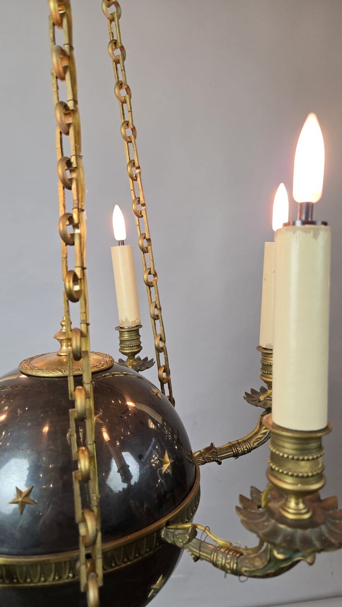 Pair of Empire chandeliers in sheet metal, bronze and brass, 19th