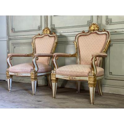 Pair Of Gilded And Patinated Carved Wood Armchairs, Italy