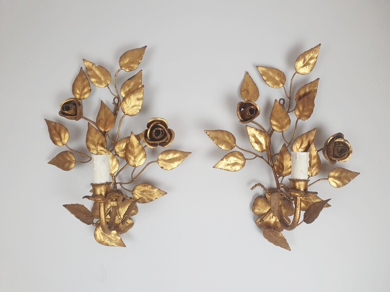 Pair of gilded metal wall lights, circa 1970