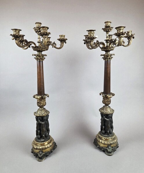 Pair of gilt and patinated bronze candelabra, 19th century