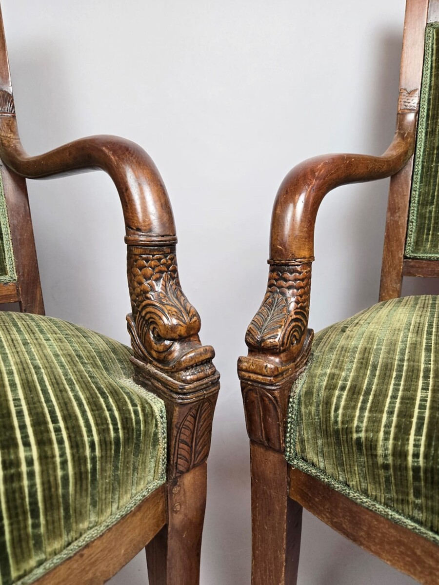 Pair of green velvet armchairs, Empire period, 19th century, circa 1820