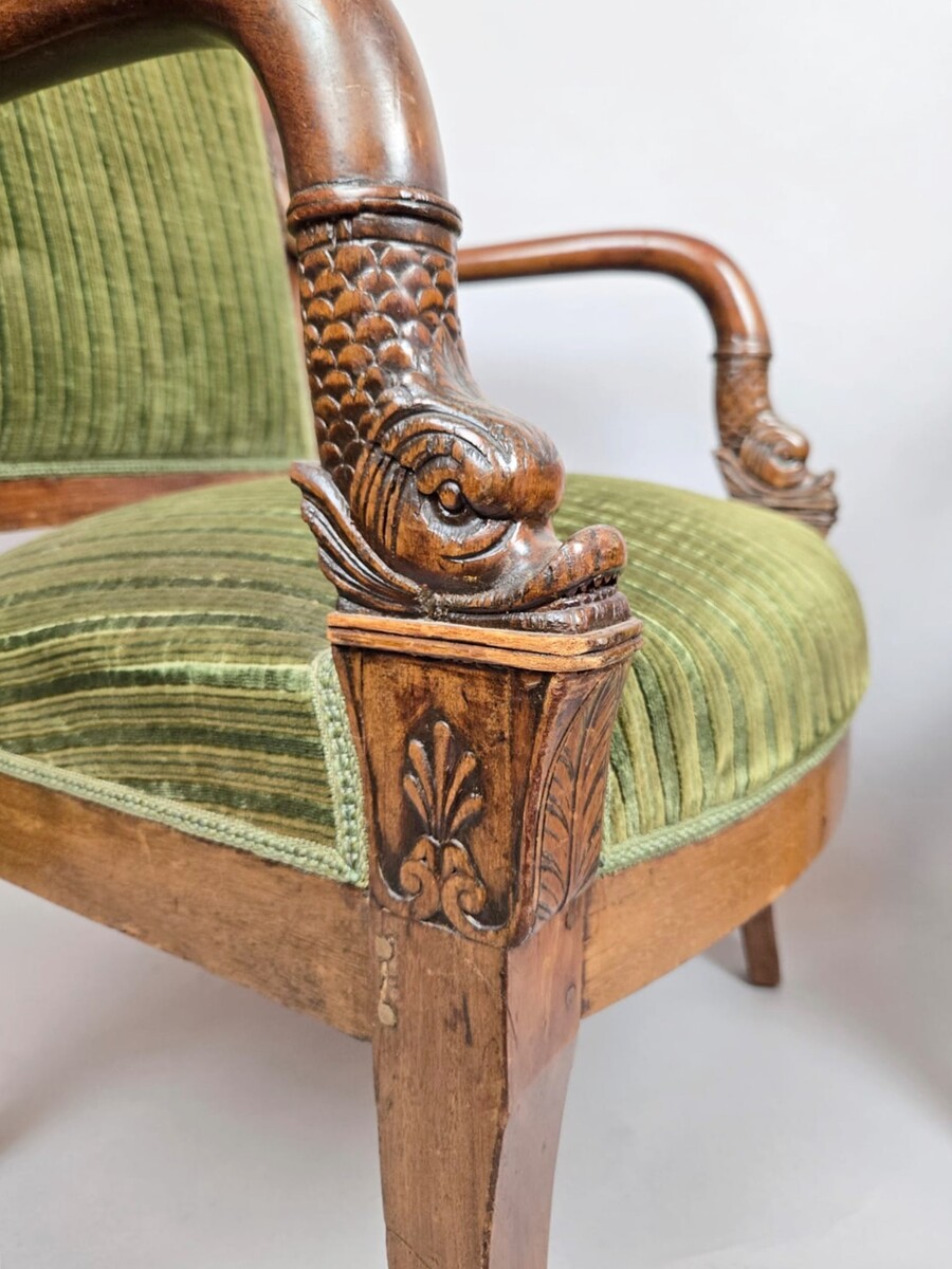 Pair of green velvet armchairs, Empire period, 19th century, circa 1820