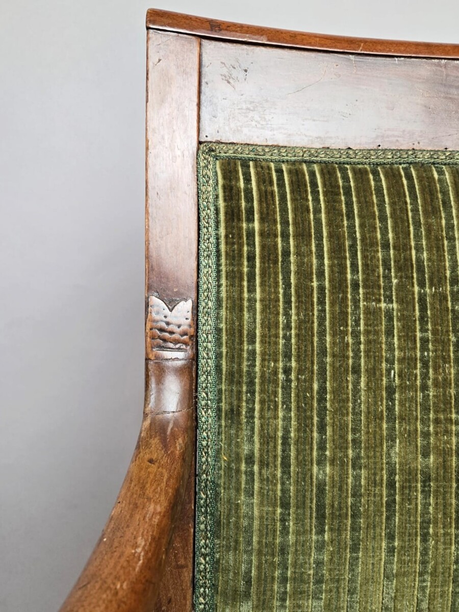 Pair of green velvet armchairs, Empire period, 19th century, circa 1820