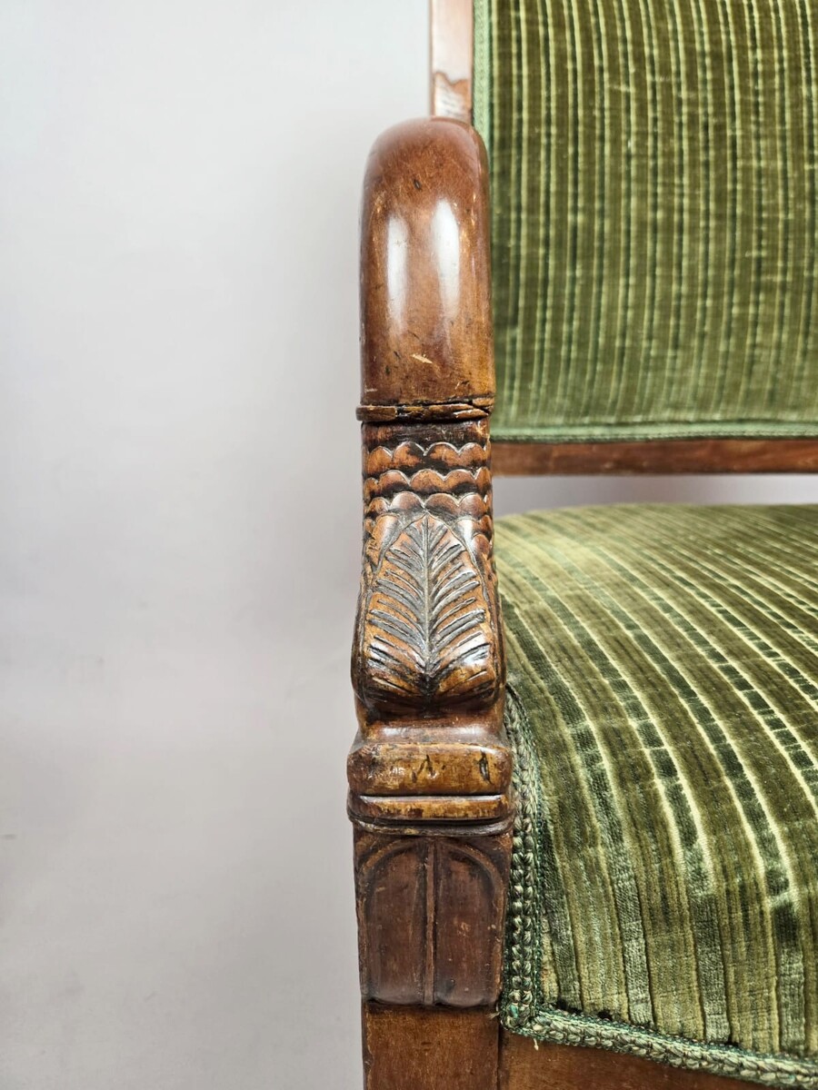 Pair of green velvet armchairs, Empire period, 19th century, circa 1820
