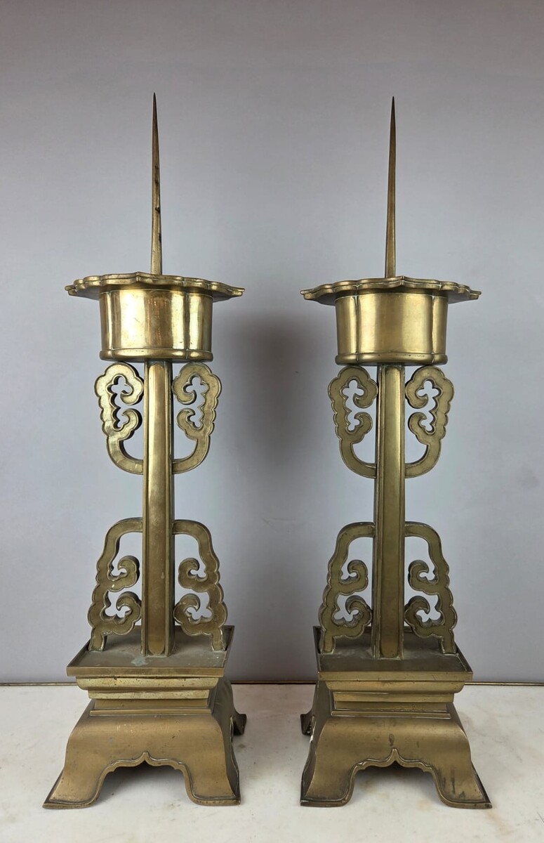 Pair of large bronze candlesticks, Chinese work, late 19th century