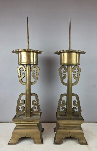 Pair of large bronze candlesticks, Chinese work, late 19th century