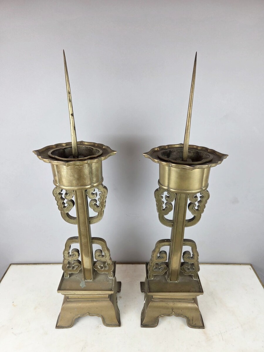Pair of large bronze candlesticks, Chinese work, late 19th century