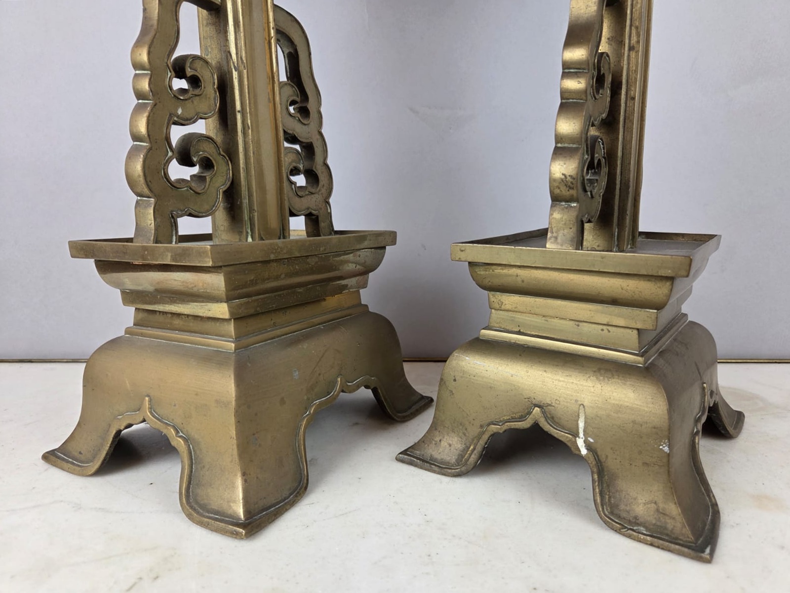 Pair of large bronze candlesticks, Chinese work, late 19th century