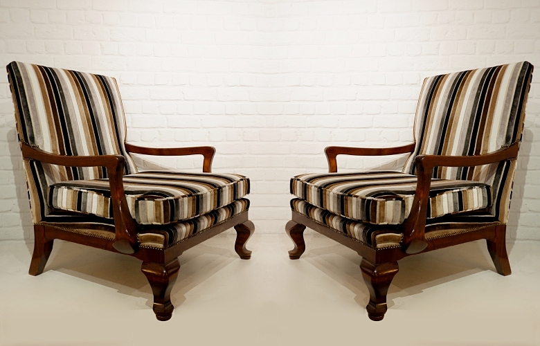 Pair of large Queen Anne style armchairs -  velvet upholstered 