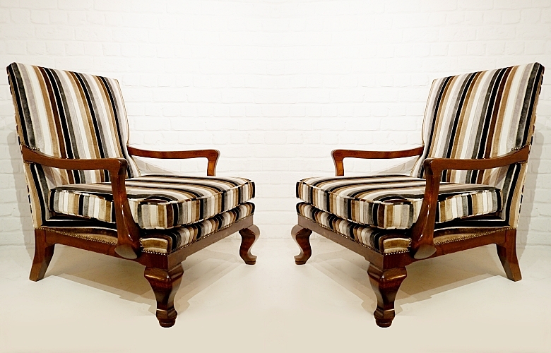 Pair of large Queen Anne style armchairs -  velvet upholstered 