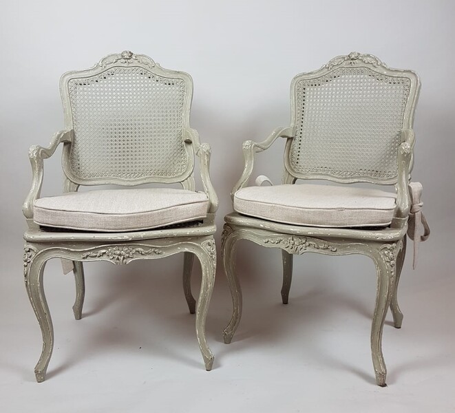 Pair of Louis XV style armchairs in white ceruse wood