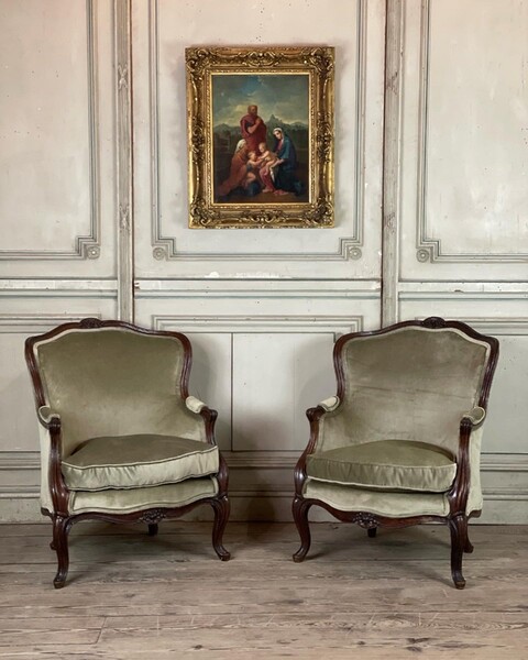 Pair Of Louis XV Style Bergeres In Carved Wood, Circa 1880