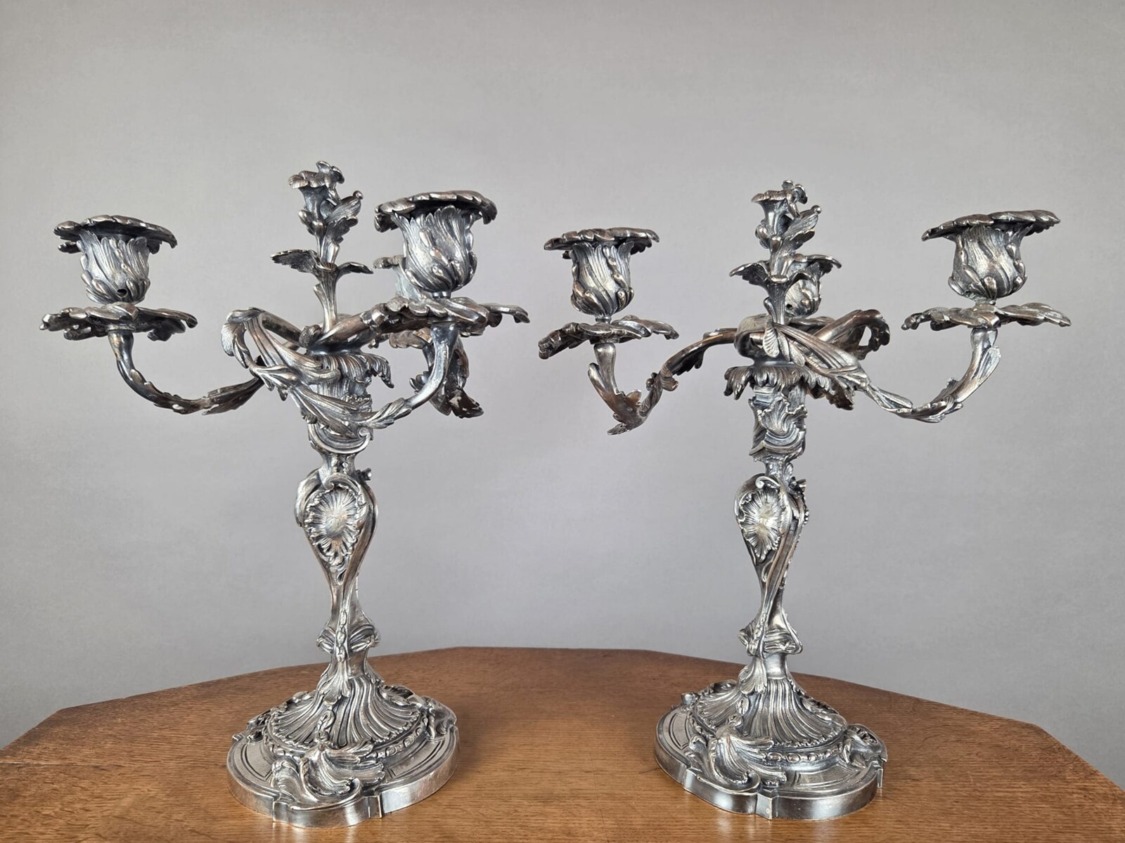 Pair of Louis XV-style candelabra in silver-plated bronze