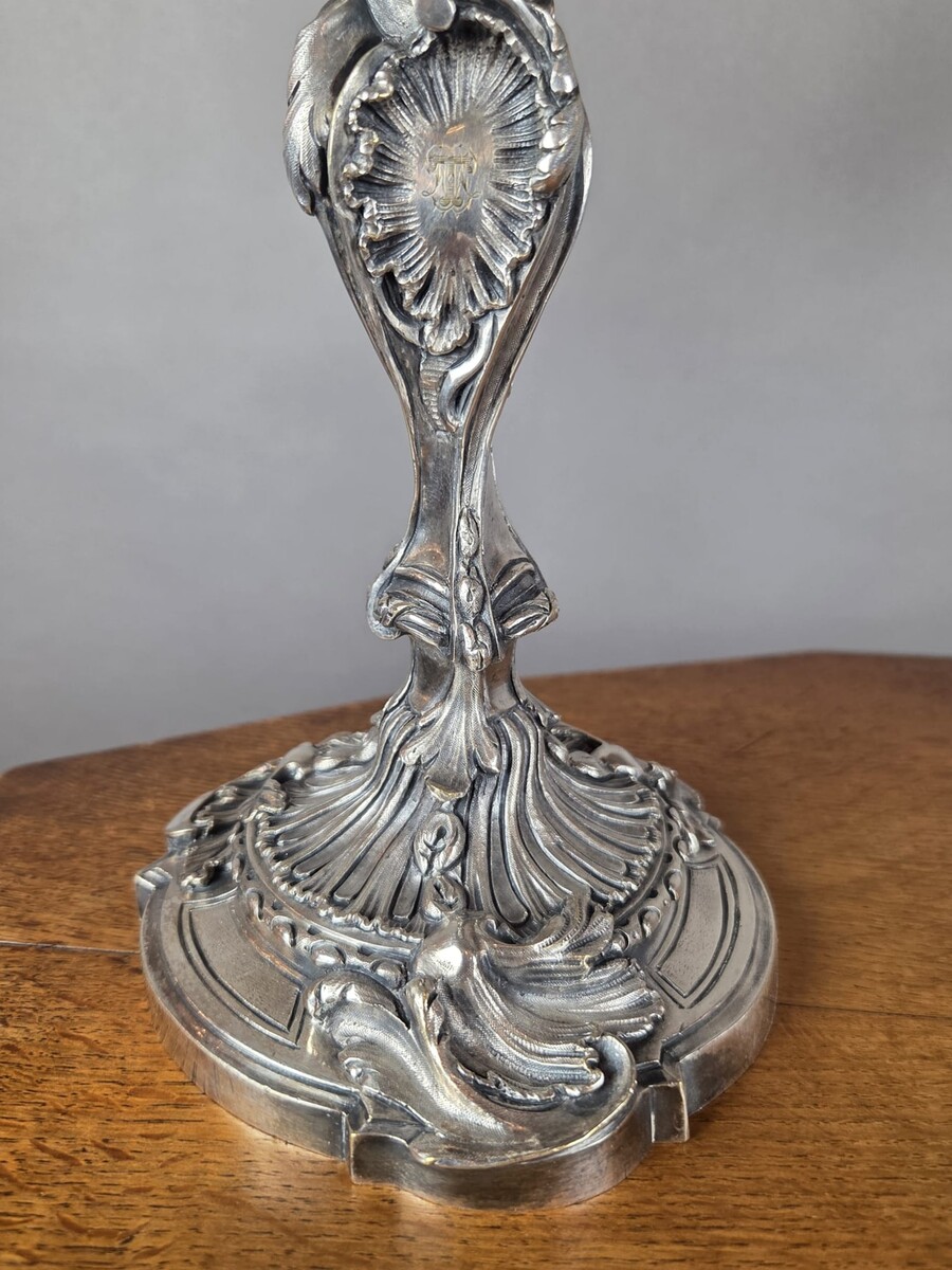 Pair of Louis XV-style candelabra in silver-plated bronze